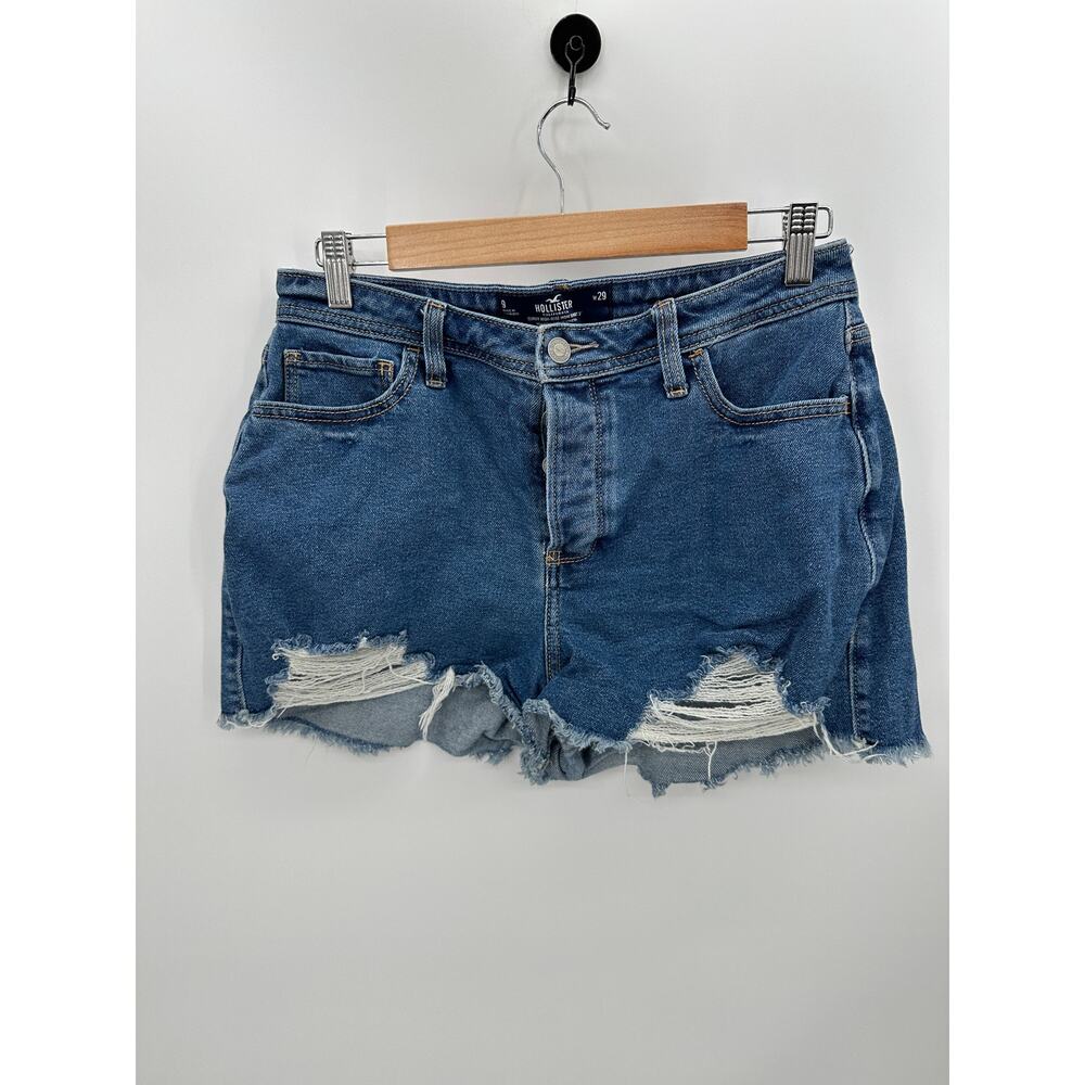 Hollister Womens 9 Blue Curvy High Rise 3" Mom Distressed Button Fly Jean Shorts